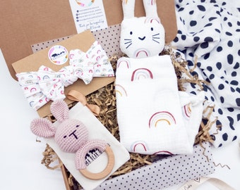 Baby Girl Gift | Baby Gift Set | Rainbow Baby Gift | Baby Shower Gift | Baby Girl Bow Muslin | Newborn Gift Hamper | Personalised Baby Gifts