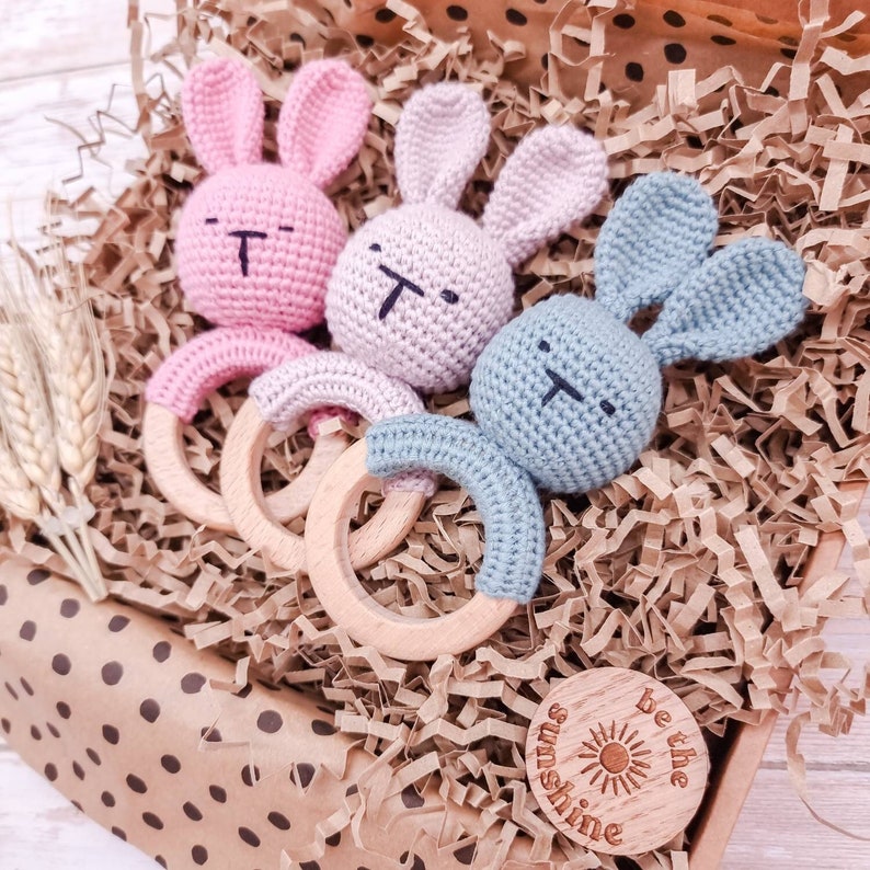 Newborn Baby Gift Box Crochet Teether Toy & Milestone Disc Set Baby Teether Rattle I Teething Ring Toy I Crochet Bunny Rattle New Baby image 7