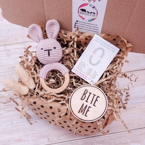 Newborn Baby Gift Box Crochet Teether Toy & Milestone Disc Set Baby Teether Rattle I Teething Ring Toy I Crochet Bunny Rattle New Baby image 6