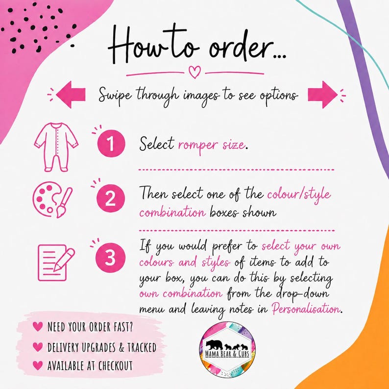 May include: An instructional graphic titled How to order with pink and purple abstract shapes. It lists three steps: 1. Select romper size, 2. Select color/style combination, 3. Select own combination via drop-down menu and leave notes in Personalization.