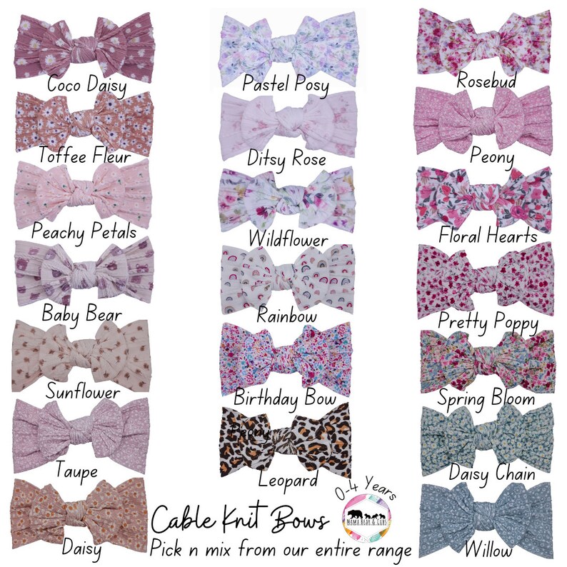 May include: A collection of 15 cable knit hair bows in various colors and patterns, including floral, animal print, and solid colors. The bows are arranged in three rows of five, with the text "Cable Knit Bows" and "Pick n mix from our entire range" at the bottom.