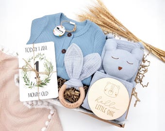 Baby Boy Gift Set, Newborn Baby Hamper, Blue Romper and Bear Comforter