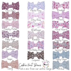 May include: A collection of 15 cable knit hair bows in various colours and patterns, including floral, leopard, rainbow, and solid colours. The bows are arranged in three rows of five, with the text "Cable Knit Bows" and "Pick n mix from our entire range" below the bows.