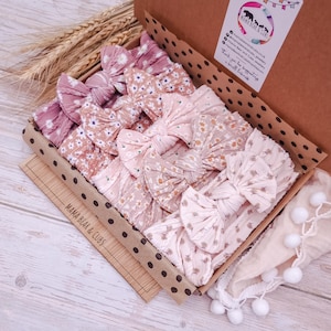 Boho Neutral Bow Bundle | Baby Bow Headbands Newborn-Toddler | Soft Stretchy Hair Bow for Girls | Floral Patterned Bows | Baby Shower Gift