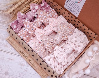 Boho Neutral Bow Bundle | Baby Bow Headbands Newborn-Toddler | Soft Stretchy Hair Bow for Girls | Floral Patterned Bows | Baby Shower Gift