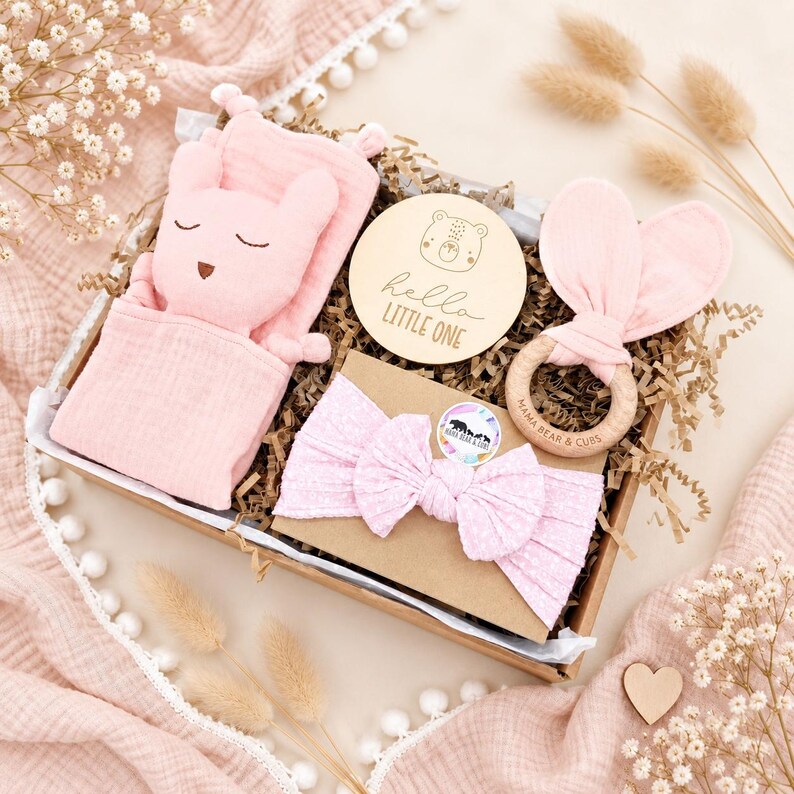Baby Girl Gift Box, Pink Newborn Hamper with Bunny Comforter Pink Bear Set