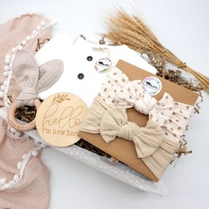Puede incluir: Un juego de regalo para beb&eacute;s con un body blanco, diademas, un sonajero de madera y un letrero que dice "hello I'm new here". El juego incluye una manta suave de color rosa rubor con ribete de pomp&oacute;n y un sonajero de madera.