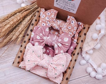 Floral Baby Bow Headband Set | Neutral Knotted Hair Bows, Baby Shower Gift