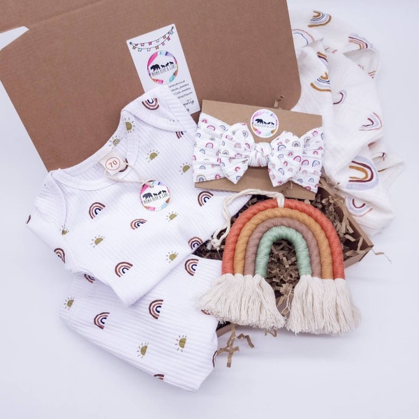 Rainbow Baby Gift | Baby Girl Gift Box | Baby Hamper | Baby Shower Gift | Baby Girl Outfit | Baby Girl Bow | Rainbow Macrame | New Baby Gift