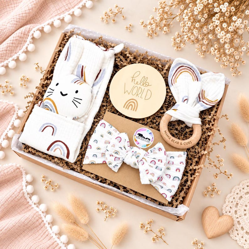 Baby Girl Gift Box, Pink Newborn Hamper with Bunny Comforter Rainbow Bunny Set