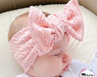 Baby Bows & Headbands | Big Bow Baby Headband Set | Baby Cable Knit Headbands | Baby Girl Gift | Baby Shower Gift | New Baby Gift |Baby Pink