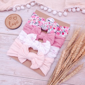Pink Baby Headband Bow Bundle | Floral Print Hair Bows | Newborn-Toddler Headbands | Soft Stretchy Bows | Baby Shower Gift| New Baby Girl