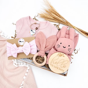 May include: A baby gift set featuring a light pink ribbed long-sleeve shirt, a matching pink headband with a bow, a wooden teething ring with fabric bunny ears, a pink plush bunny toy, and a round wooden plaque with the text hello i'm new here.