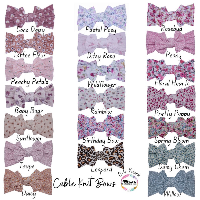 May include: A collection of 16 cable knit hair bows in various colors and patterns, including floral, leopard, and rainbow prints. The bows are arranged in four rows of four, with the text "Cable Knit Bows" and "0-4 Years" printed below the bows.