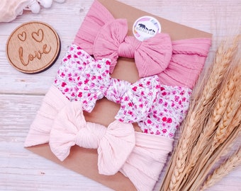 Baby Headbands & Bows | Baby Girl Gift | Baby Pink Bow Headband x3 | Soft Baby Hairbow Hairwrap | Newborn Baby Gift | Baby Shower Gift