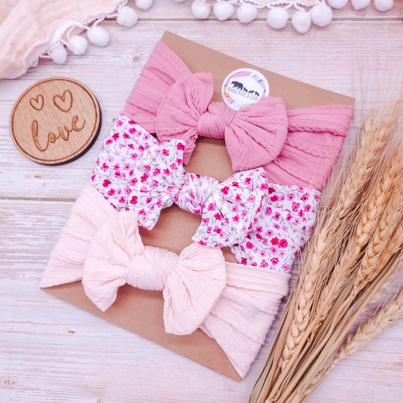 Baby Headbands & Bows | Baby Girl Gift | Baby Pink Bow Headband x3 | Soft Baby Hairbow Hairwrap | Newborn Baby Gift | Baby Shower Gift