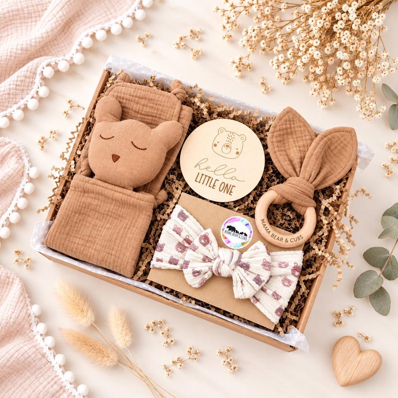 Baby Girl Gift Box, Pink Newborn Hamper with Bunny Comforter Brown Bear Set