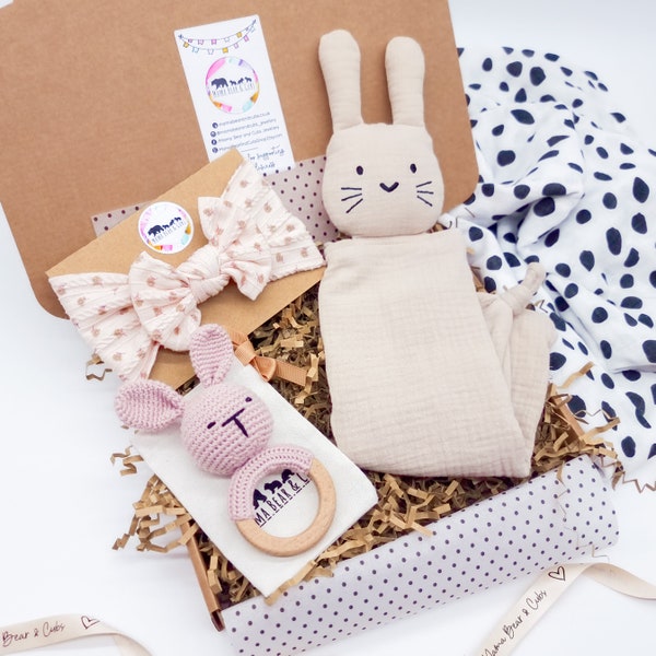 Baby Girl Gift | Personalised Baby Hamper | Baby Shower Gift | Pregnancy Gift Set | Comforter Muslin | Baby Girl Bow | Newborn Gift Box Set