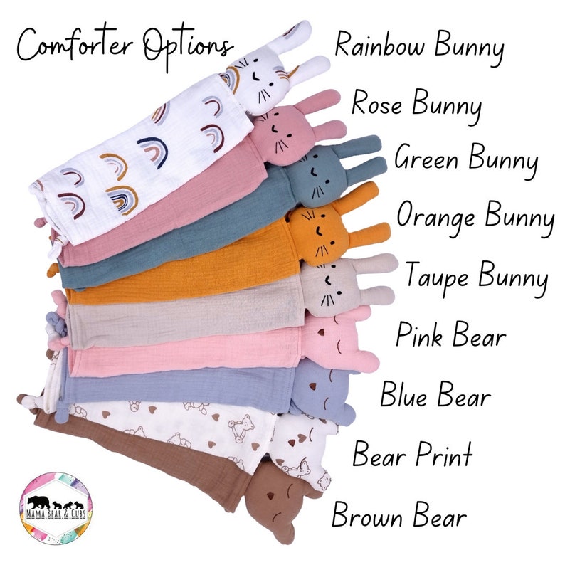 May include: A stack of 10 baby comfort blankets with different animal designs. The designs include a rainbow bunny, rose bunny, green bunny, orange bunny, taupe bunny, pink bear, blue bear, bear print, and brown bear. The blankets are made of soft, breathable fabric and are perfect for cuddling.