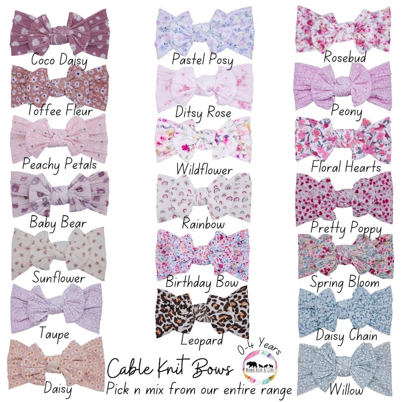 May include: A collection of twenty-one fabric hair bows in various floral, animal, and geometric patterns. Each bow features a knotted center and textured fabric. Text includes names like Coco Daisy, Peachy Petals, and Cable Knit Bows 0-4 Years.