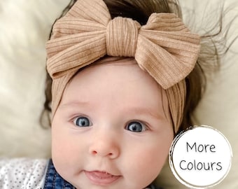 Ribbed Nylon Baby Bow Headband | Neutral Headbands fit Newborn-Toddler | Soft Stretchy Hair Bows | Baby Girl Hair Wrap | Baby Girl Gift