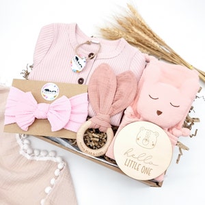 May include: A baby gift set featuring a light pink ribbed long-sleeve top, a light pink knotted headband on a card, a wooden teething ring with fabric bunny ears, and a pink muslin cloth with a bear face. Includes a wooden disc with a bear graphic and the text hello LITTLE ONE.