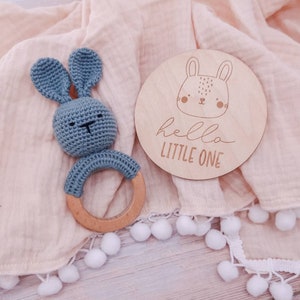 Newborn Baby Gift Box Crochet Teether Toy & Milestone Disc Set Baby Teether Rattle I Teething Ring Toy I Crochet Bunny Rattle New Baby image 5