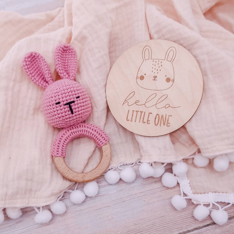 Newborn Baby Gift Box Crochet Teether Toy & Milestone Disc Set Baby Teether Rattle I Teething Ring Toy I Crochet Bunny Rattle New Baby image 2