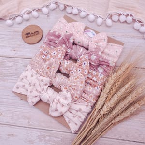 Boho Neutral Bow Bundle | Newborn-Toddler Bows & Headbands | Soft Stretchy Hair Bow for Girls | Floral Patterned Bows | Baby Shower Gift