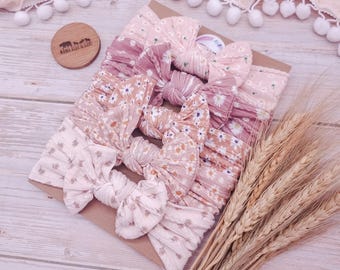 Boho Neutral Bow Bundle | Newborn-Toddler Bows & Headbands | Soft Stretchy Hair Bow for Girls | Floral Patterned Bows | Baby Shower Gift
