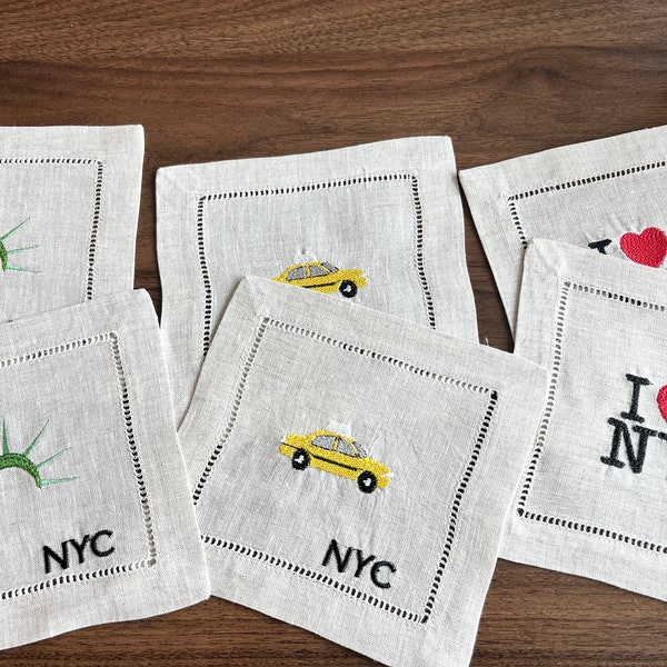 New York City embroidered cocktail napkins set of 6.