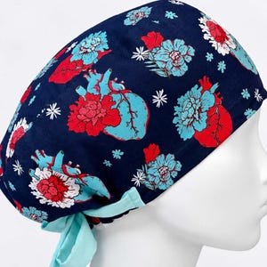Heart Scrub Caps for women, Cardio Surgical hat with toggle closure and Satin lining (optional)
