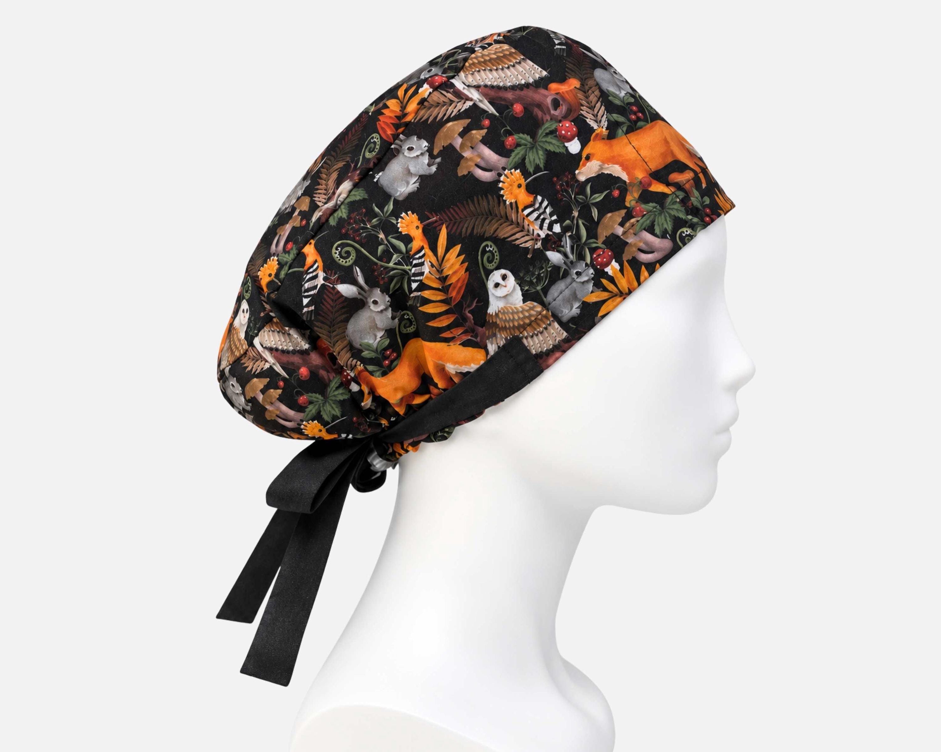 Fall Animals Surgical cap, Fax Owl Scrub hat, Euro nurse cap with satin lining (optional)