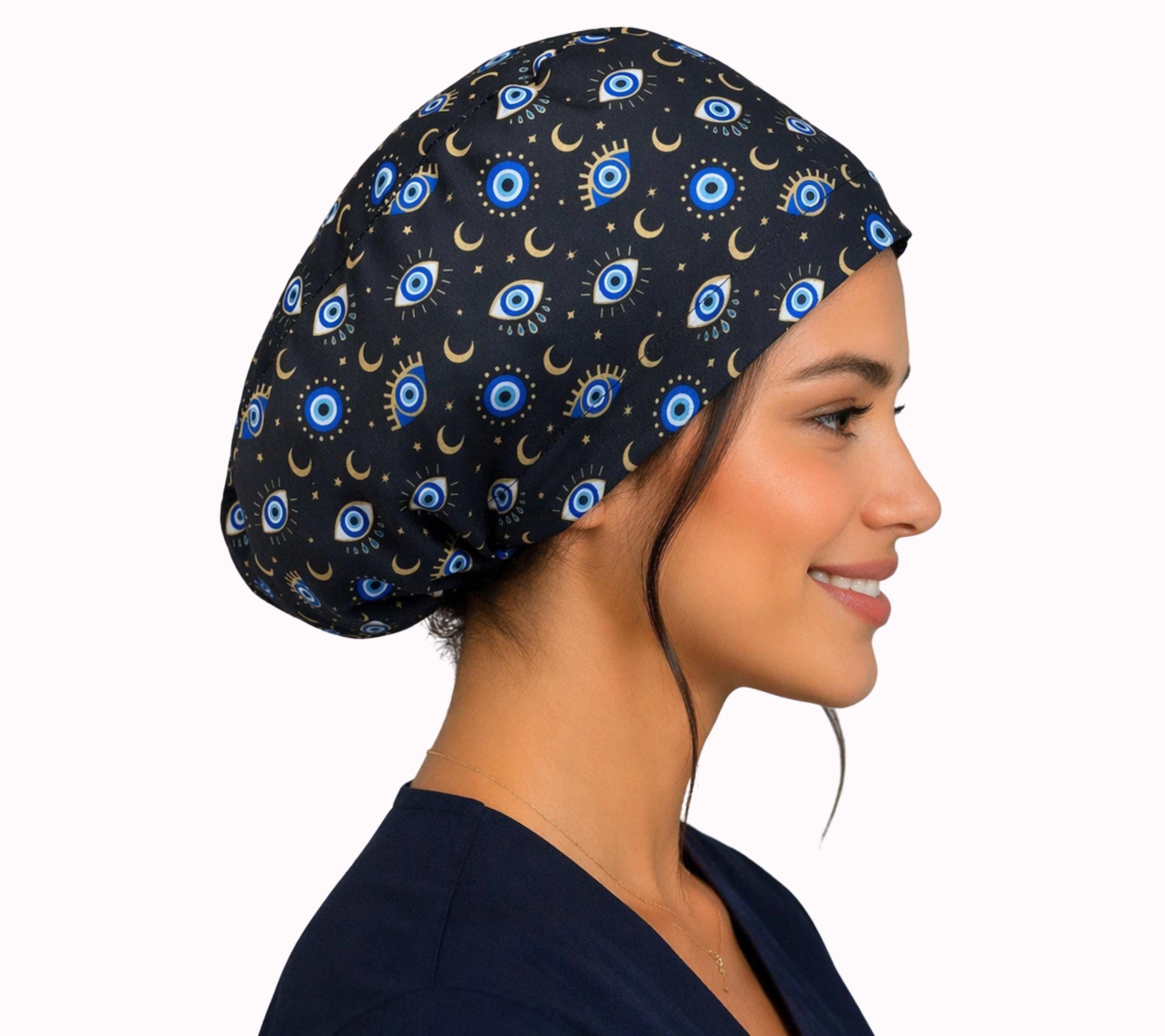 Black evil eye scrub cap for women, Surgical hat euro style