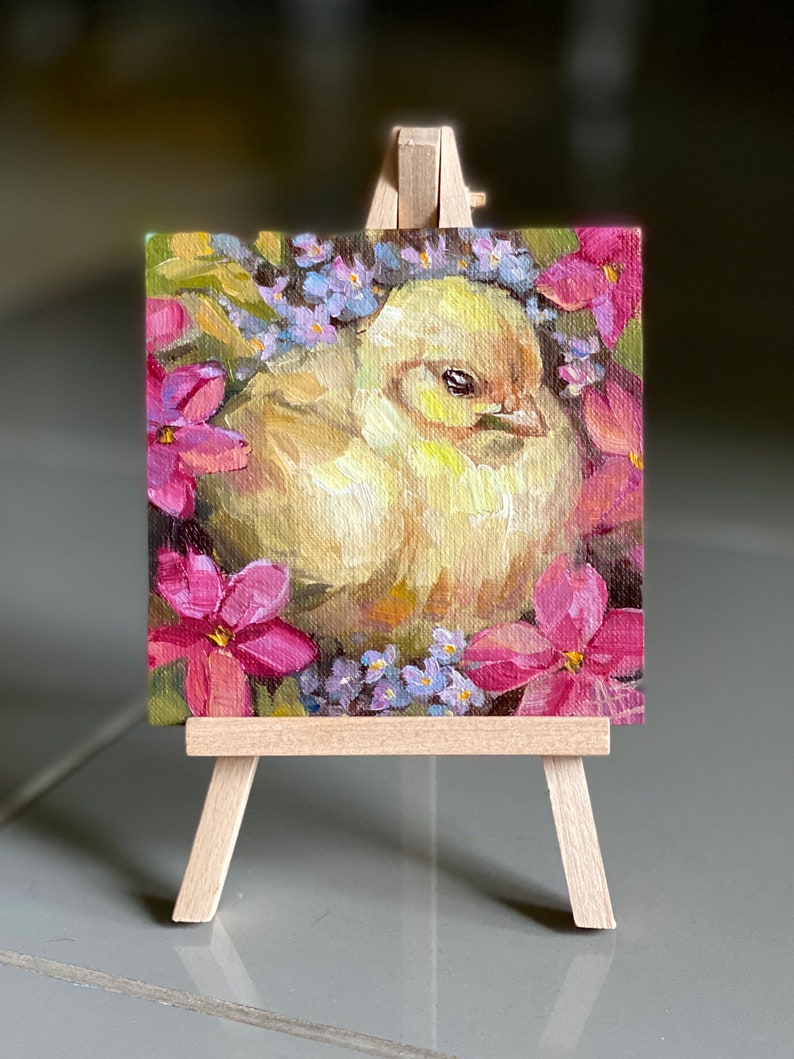 rabbit with flower and yellow bird chick on nest valentines pocket gift on wooden tiny easel Easter 2 Easter gift original oil paintings