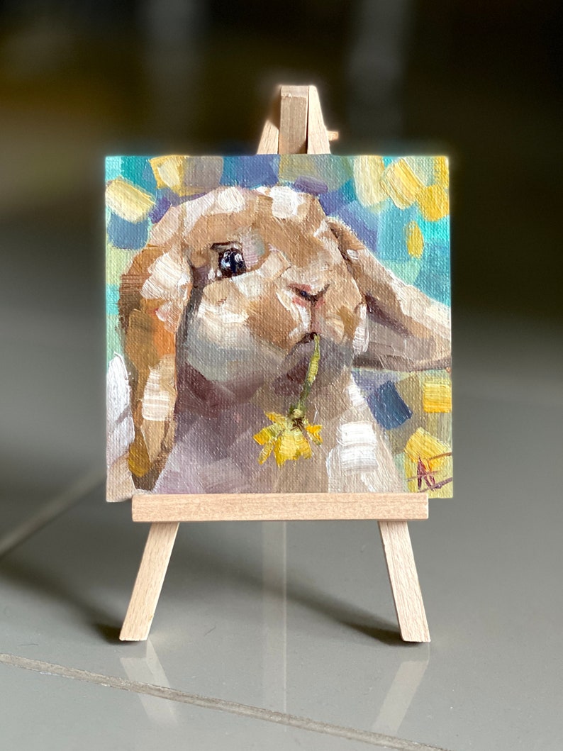 rabbit with flower and yellow bird chick on nest valentines pocket gift on wooden tiny easel Easter 2 Easter gift original oil paintings