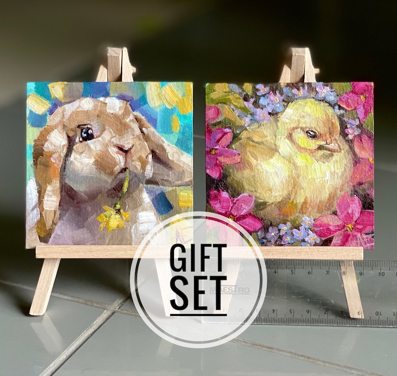 rabbit with flower and yellow bird chick on nest valentines pocket gift on wooden tiny easel Easter 2 Easter gift original oil paintings