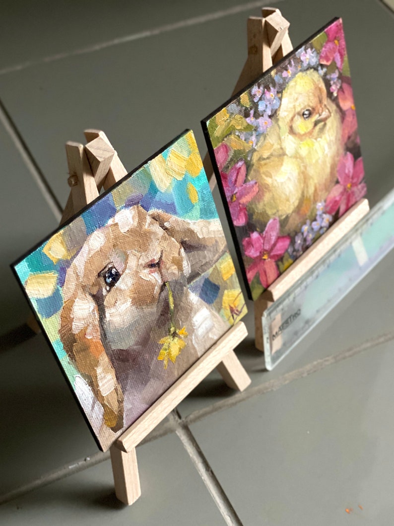 rabbit with flower and yellow bird chick on nest valentines pocket gift on wooden tiny easel Easter 2 Easter gift original oil paintings