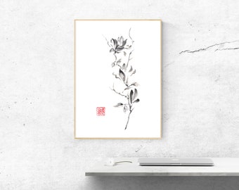 Magnolia scroll sumi-e ink painting