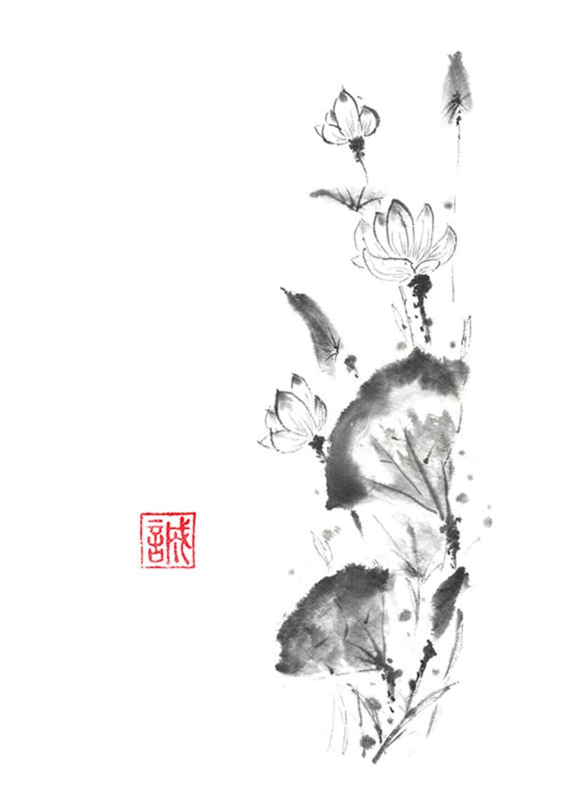 Lotus Scroll Sumie Painting Etsy