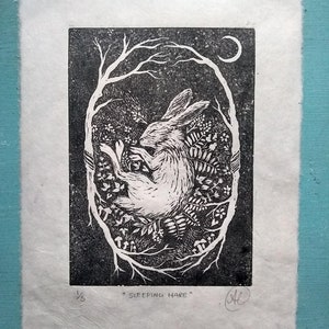 Sleeping Hare- Ready to Ship Linocut Print