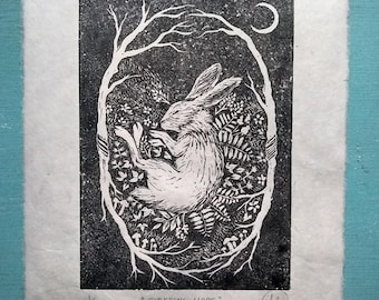 Sleeping Hare- Ready to Ship Linocut Print