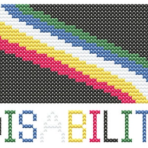 Pode incluir: Uma imagem pixelada em preto e branco de uma bandeira arco-íris diagonal com a palavra "DISABILITY" escrita abaixo em pixels de diferentes cores.