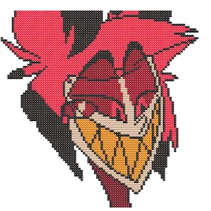 Puede incluir: Diseño de punto de cruz que presenta un personaje estilizado con una amplia sonrisa. El diseño utiliza un estilo pixelado con tonos de rojo, negro, beige y amarillo. El personaje tiene orejas grandes y puntiagudas y una apariencia angular.