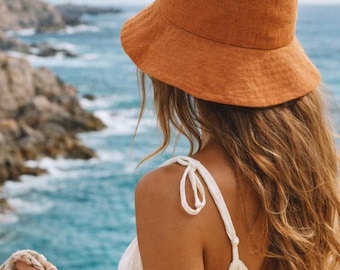 Wide Brim Linen Bucket Hat – Minimalist Summer Sun Hat, Beach Linen Hat, Natural Flax Hat, Handmade in Portugal, Women’s Hat