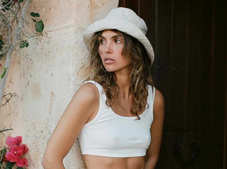 LINEN BUCKET HAT Alba in Sand Wide Brim Summer Linen Hat Sun Garden Hat Linen Panama Summer Flax Hat Women's Beach Hat Spring Picnic Hat image 1