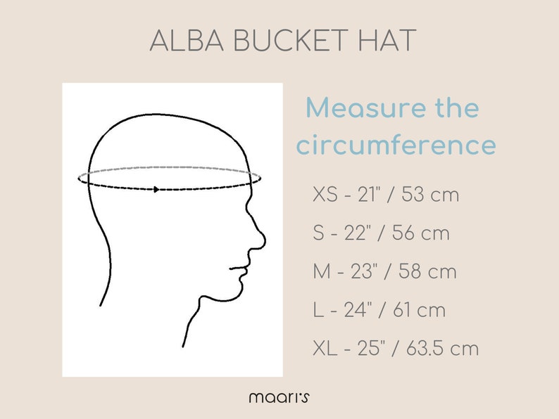 Puede incluir: Diagrama que muestra c&oacute;mo medir la circunferencia de la cabeza para un sombrero de pescador. El diagrama muestra una cabeza con una l&iacute;nea punteada alrededor, indicando d&oacute;nde medir. El texto debajo del diagrama enumera los tama&ntilde;os de sombrero en pulgadas y cent&iacute;metros: XS - 21" / 53 cm, S - 22" / 56 cm, M - 23" / 58 cm, L - 24" / 61 cm, XL - 25" / 63,5 cm.