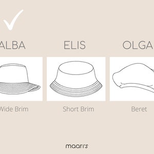 Puede incluir: Un diagrama que muestra tres tipos diferentes de sombreros: un sombrero de cubo de ala ancha, un sombrero de cubo de ala corta y una boina. El texto "ALBA" est&aacute; sobre el sombrero de cubo de ala ancha, "ELIS" est&aacute; sobre el sombrero de cubo de ala corta y "OLGA" est&aacute; sobre la boina.
