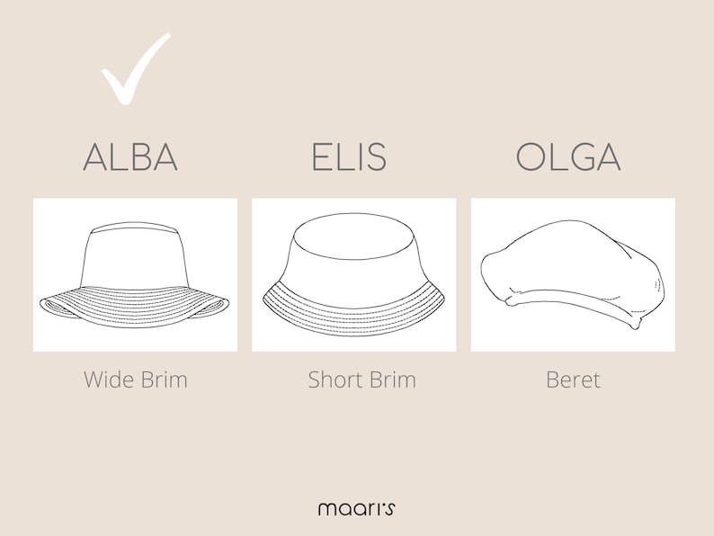 Puede incluir: Un diagrama que muestra tres tipos diferentes de sombreros: un sombrero de cubo de ala ancha, un sombrero de cubo de ala corta y una boina. El texto "ALBA" est&aacute; sobre el sombrero de cubo de ala ancha, "ELIS" est&aacute; sobre el sombrero de cubo de ala corta y "OLGA" est&aacute; sobre la boina.