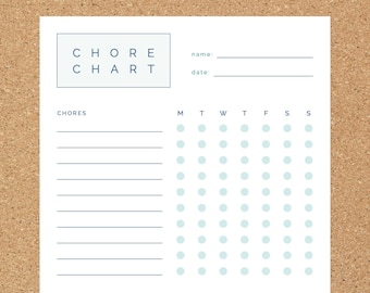 May include: A printable chore chart with a title that says "CHORE CHART". The chart has spaces to write in chores and then a grid for each day of the week to check off completed chores. There is also a section for weekly chores.
